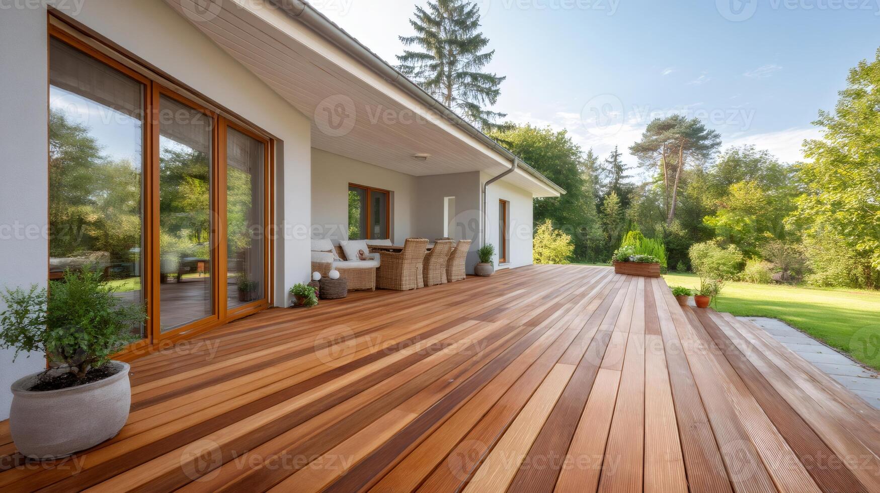Wooden terrace with garden furniture overlooking green garden photo