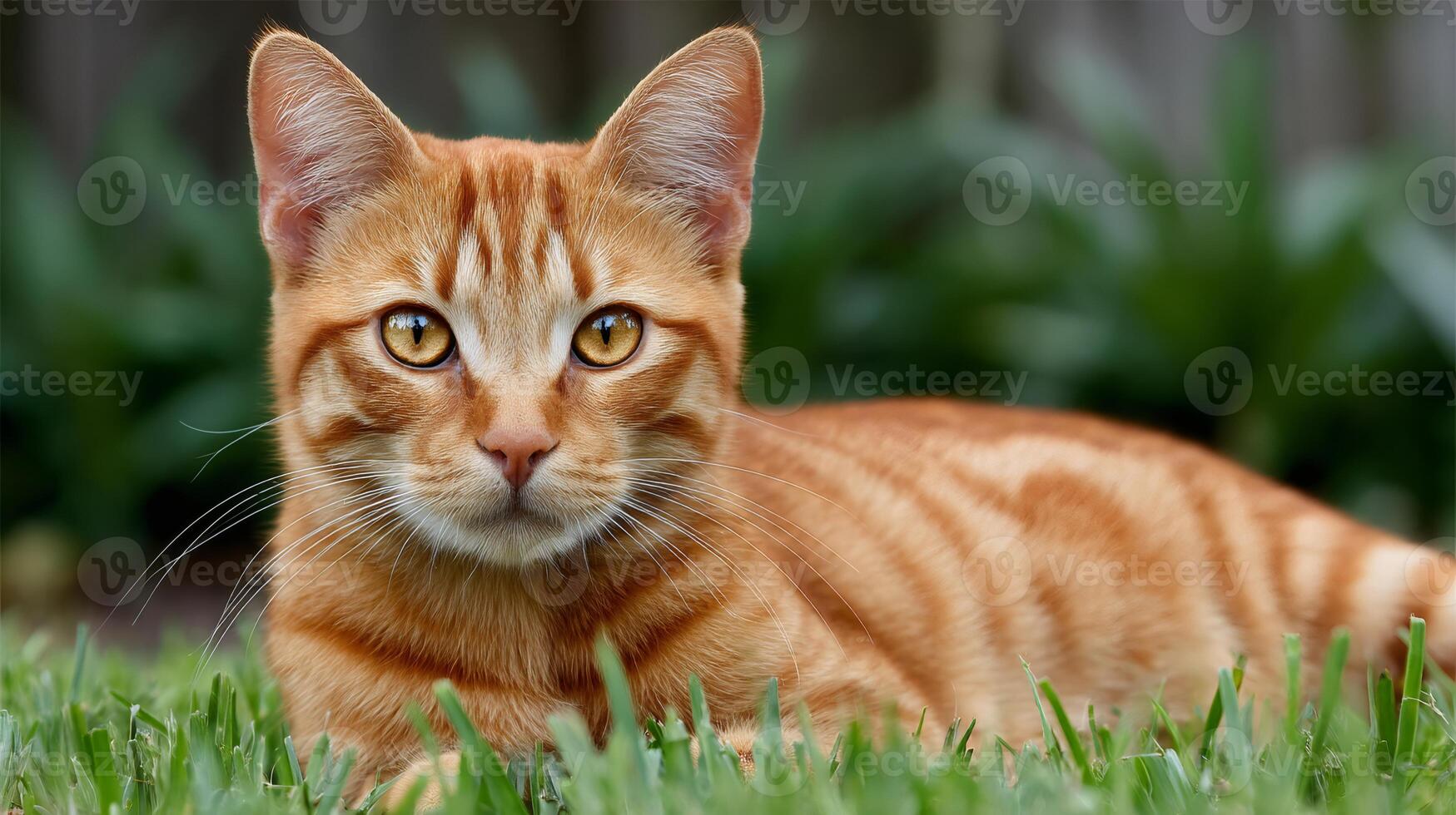 Ginger tabby cat relaxing on grass in nature background photo