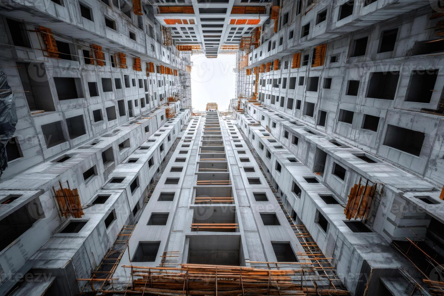Bottom view of unfinished apartment building rising to the sky photo