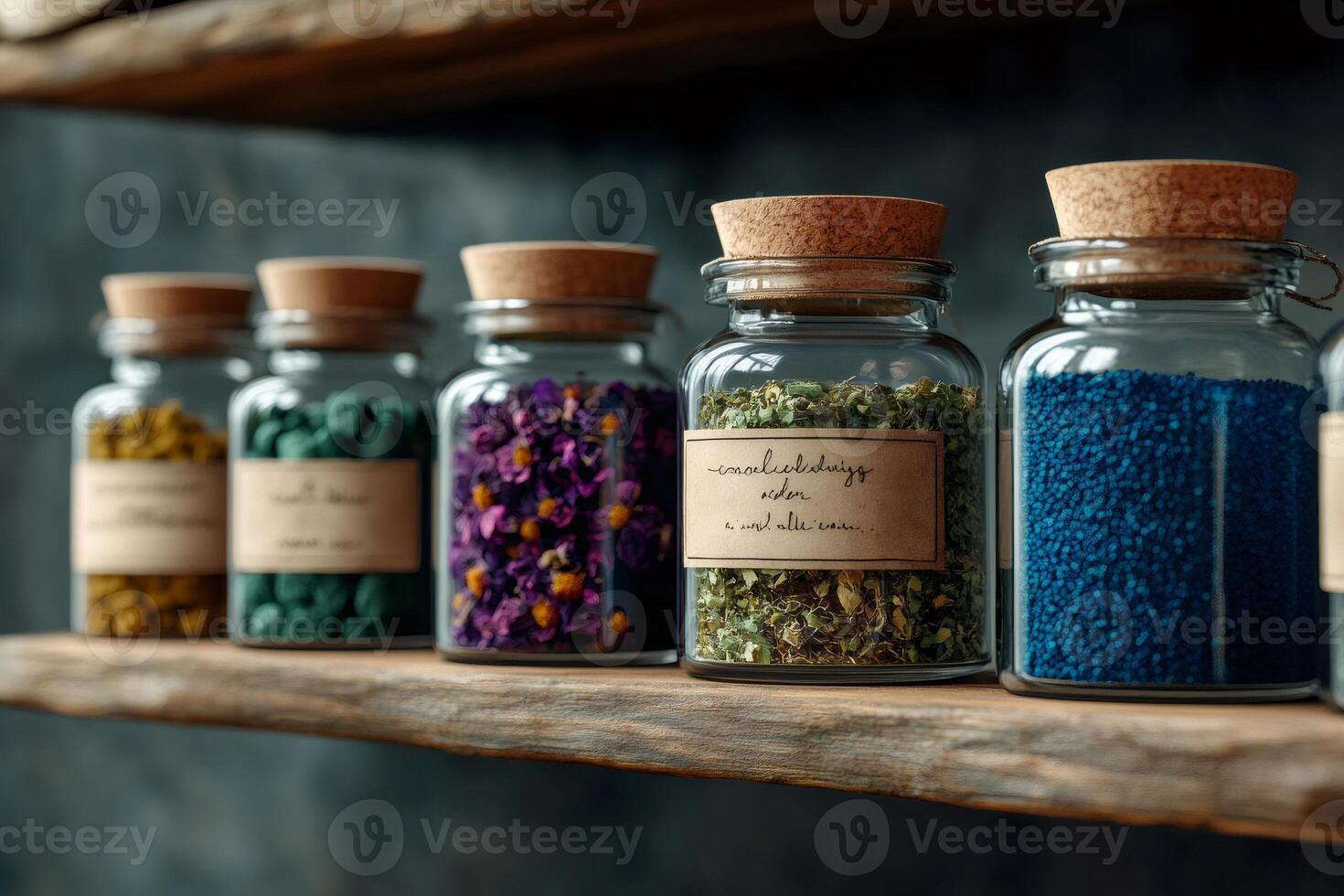 Glass jars with cork lids containing colorful herbs and spices resting on wooden shelf photo