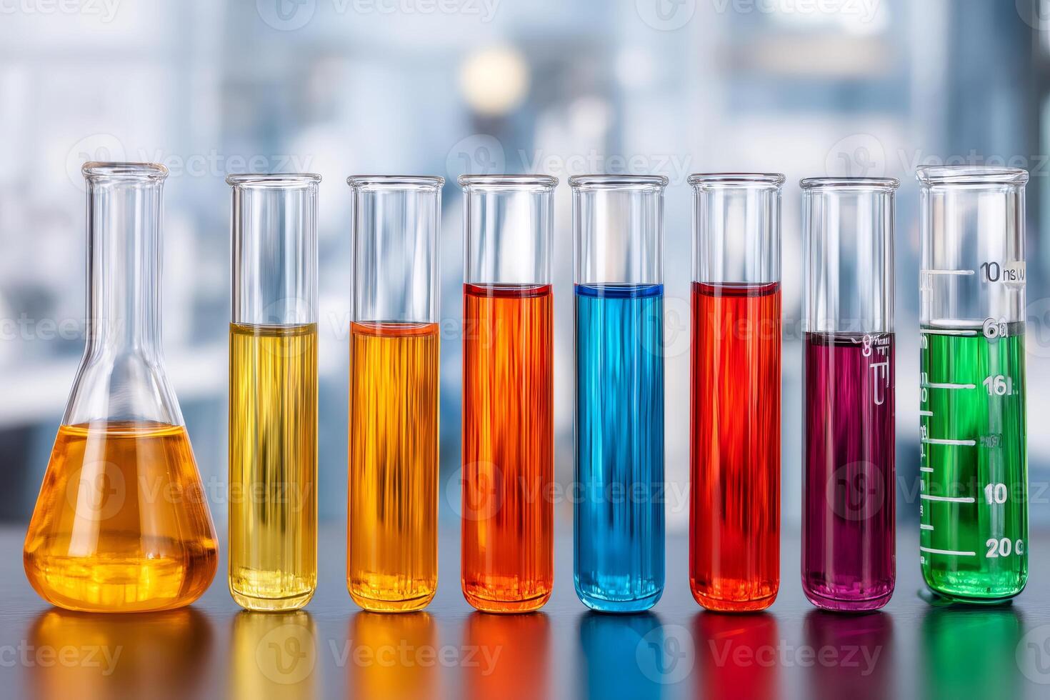 Erlenmeyer flask and test tubes containing colorful reagents on table in laboratory photo