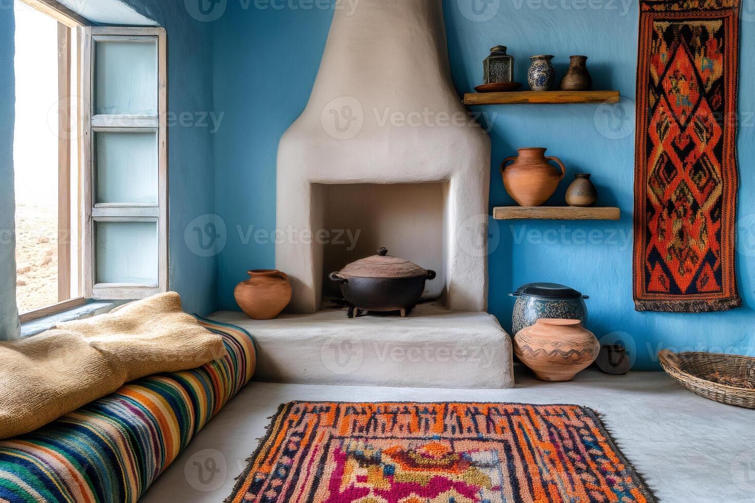 Cozy rustic room with fireplace, rugs, and pottery displaying traditional interior design photo