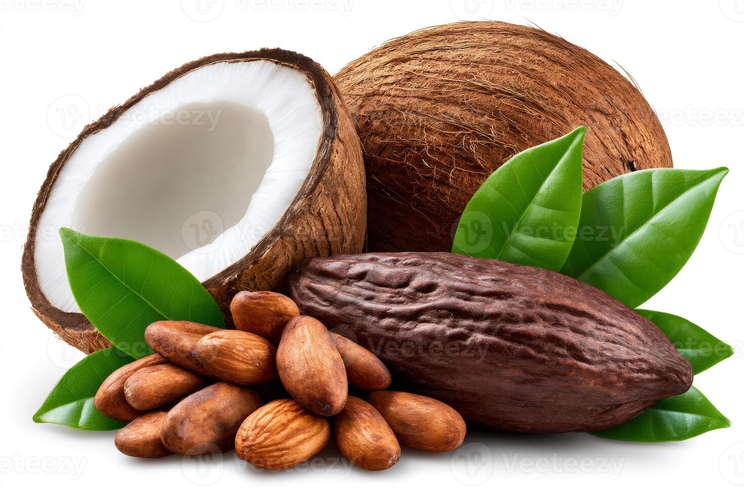 Cocoa pod, cocoa beans, coconut and green leaves showing tropical products photo