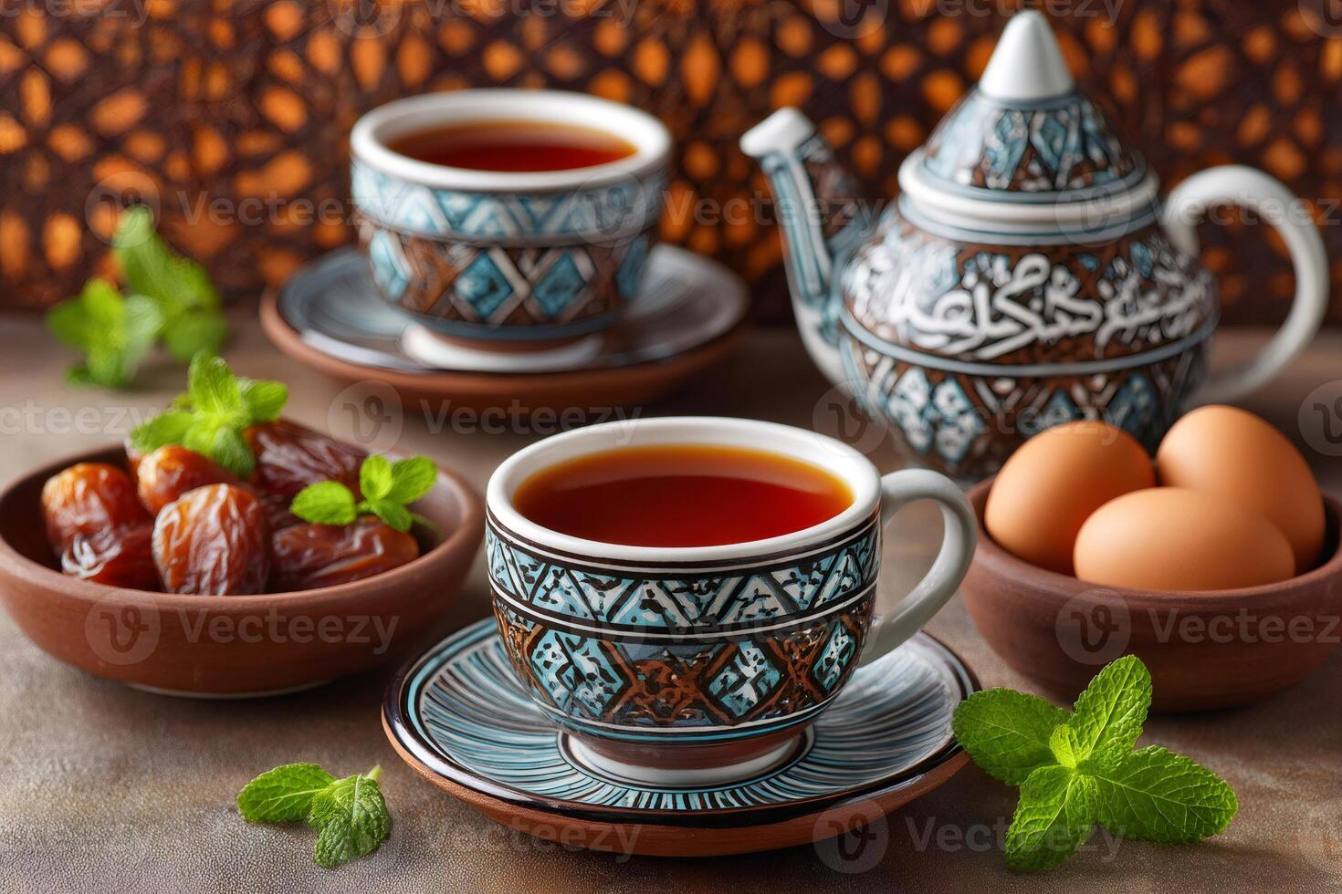 Traditional moroccan mint tea, dates, eggs and teapot displayed on table photo