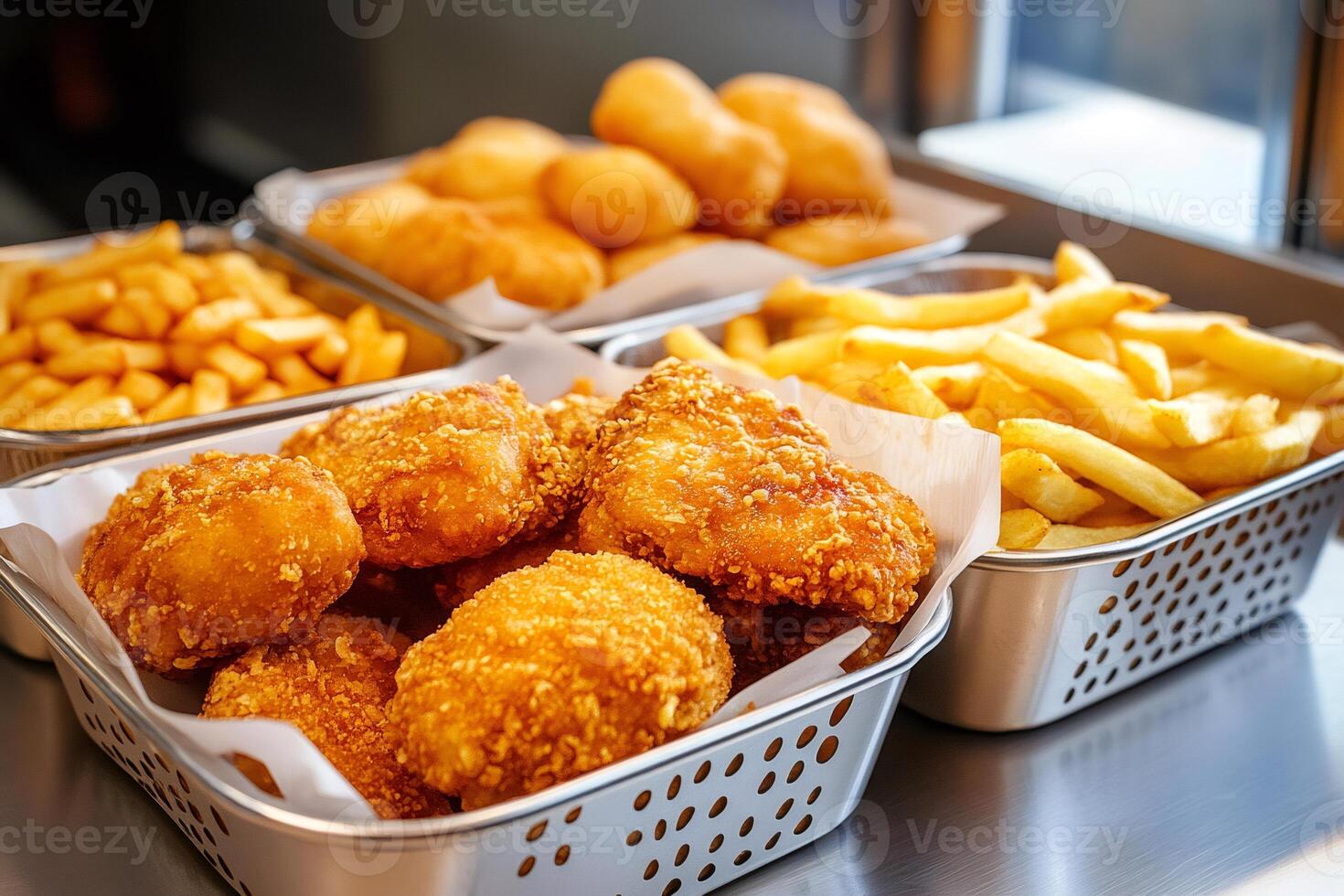 Freshly cooked chicken nuggets and french fries presented in metal baskets photo