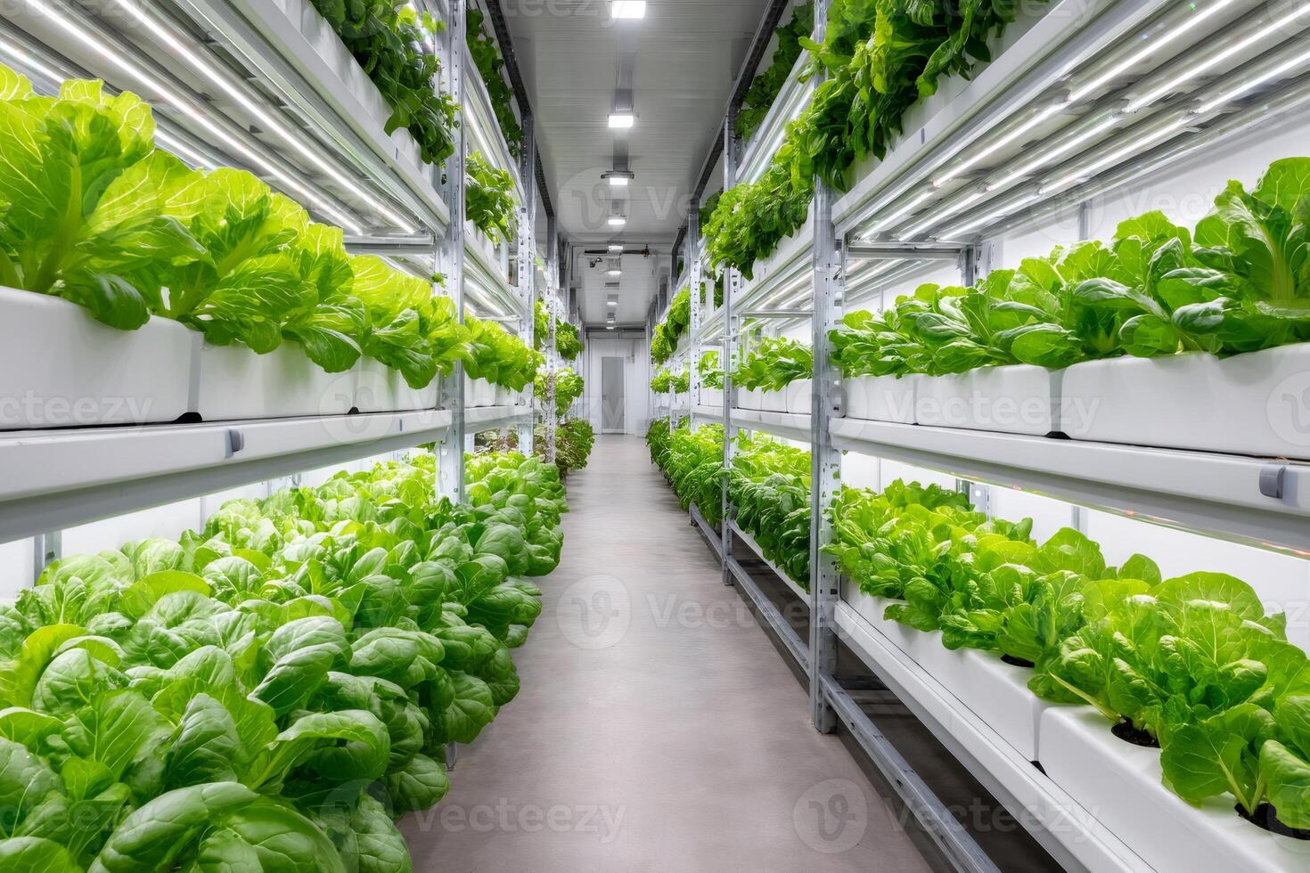 Rows of plants growing under artificial light in a modern vertical farm photo