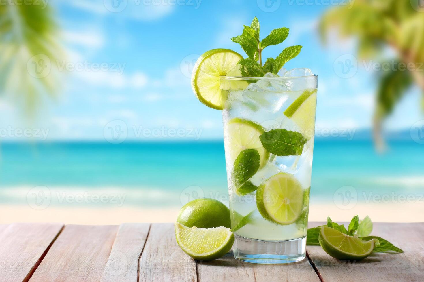 Refreshing mojito cocktail enjoyed on tropical beach with palm trees photo