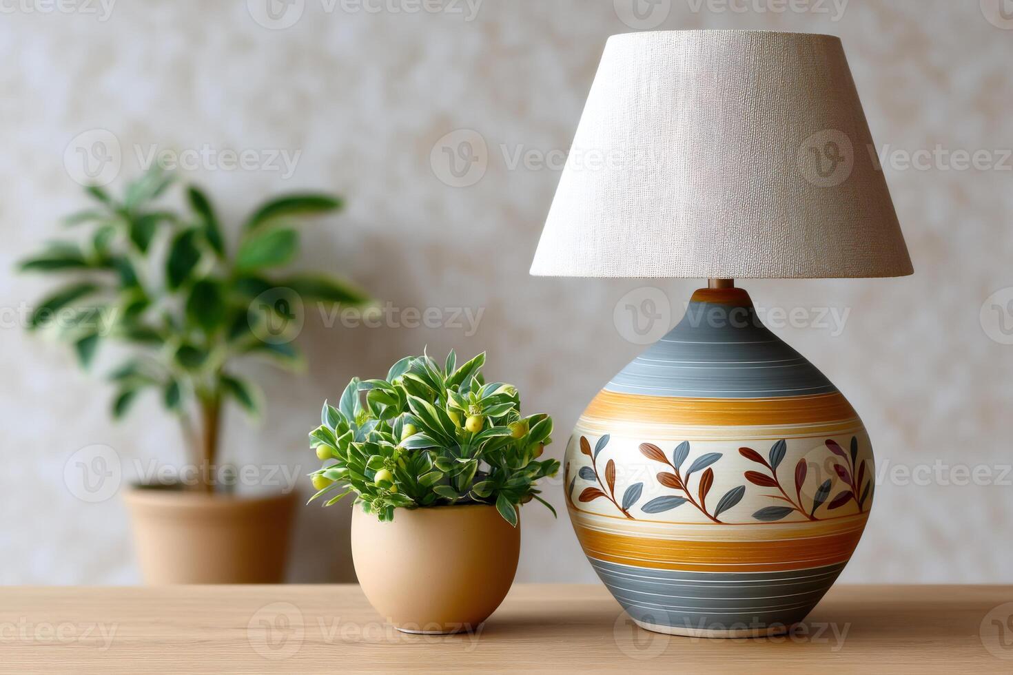 Modern ceramic table lamp illuminating cozy interior with houseplants photo