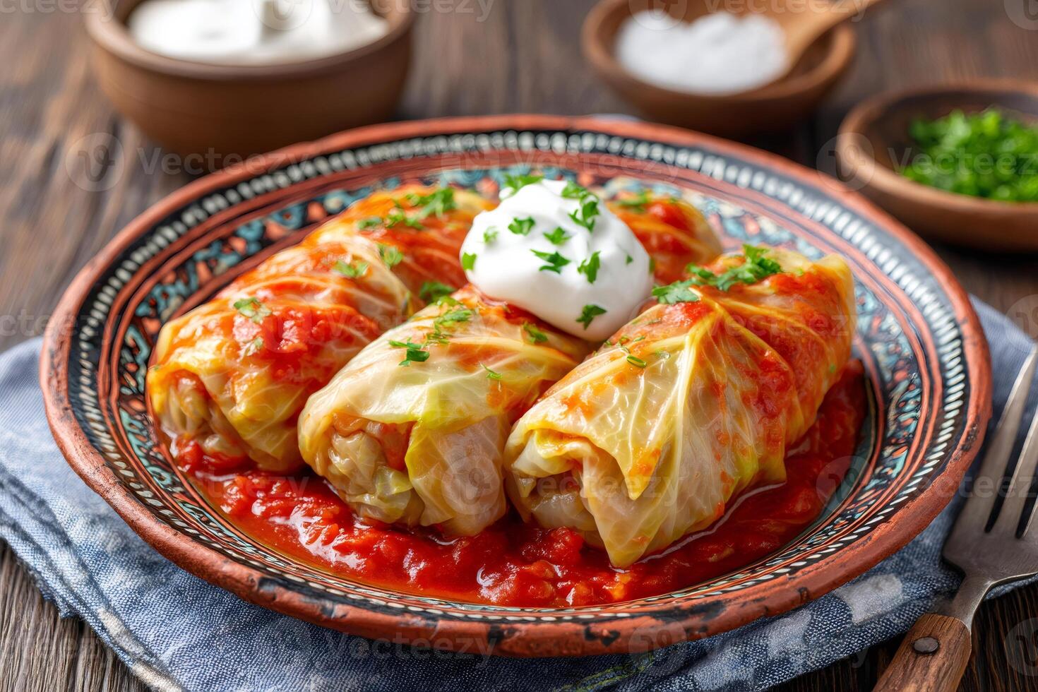 Cabbage rolls topped with sour cream and parsley on rustic plate photo