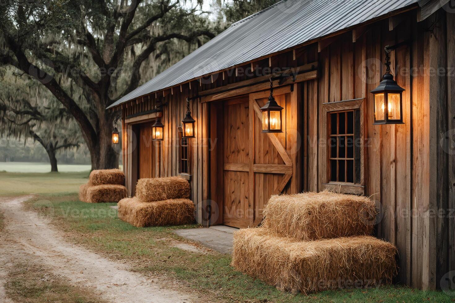 Hay bales decorating a rustic barn in the countryside at dusk photo