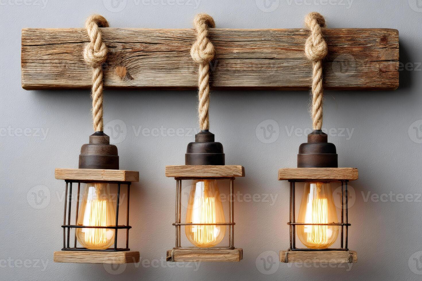 Three vintage hanging lamps creating a warm ambiance in a rustic setting photo