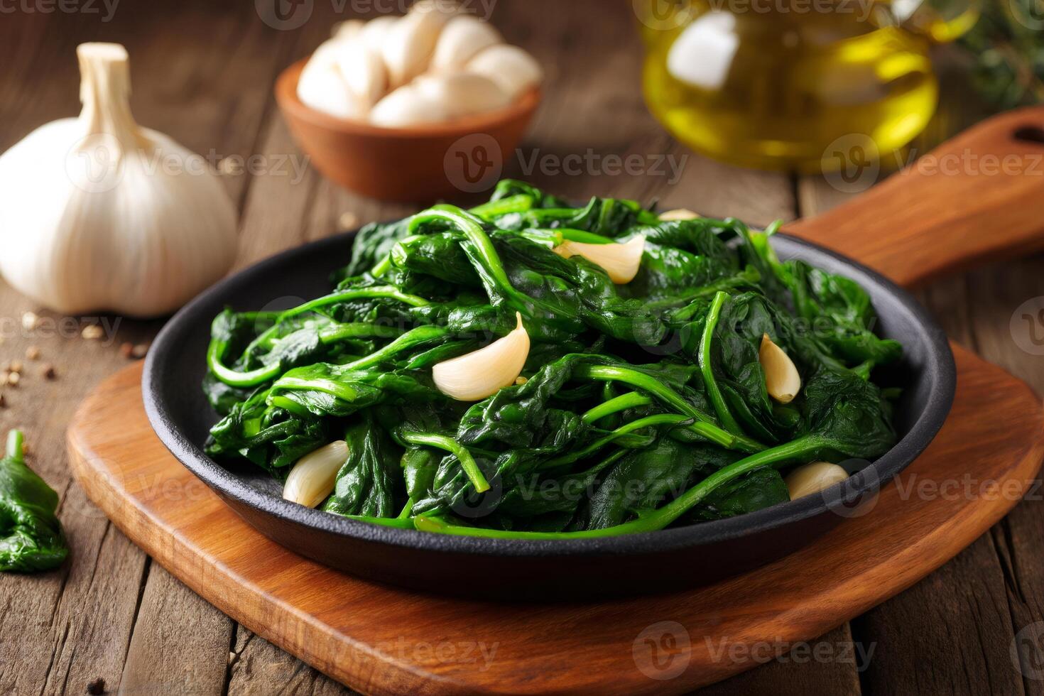 Sauteed spinach with garlic in a cast iron skillet on rustic wooden table photo