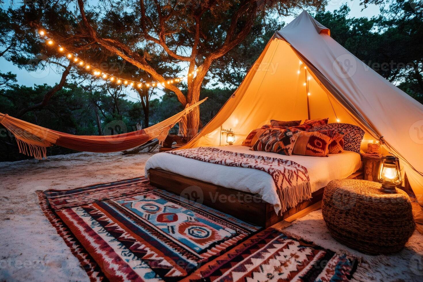 Cozy glamping tent with hammock and rugs under string lights at dusk photo