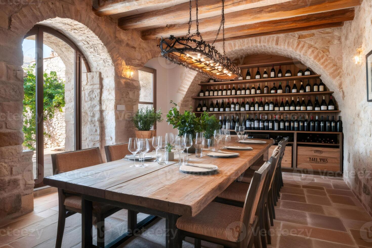 Wine cellar dining room with rustic charm and elegance displaying wine bottles photo