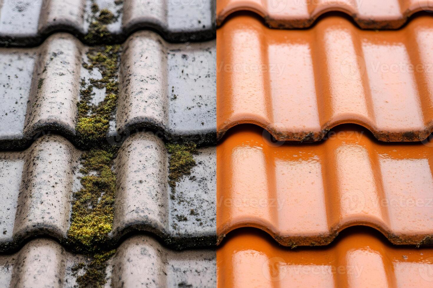 Roof cleaning showing before and after moss removal with pressure washer photo
