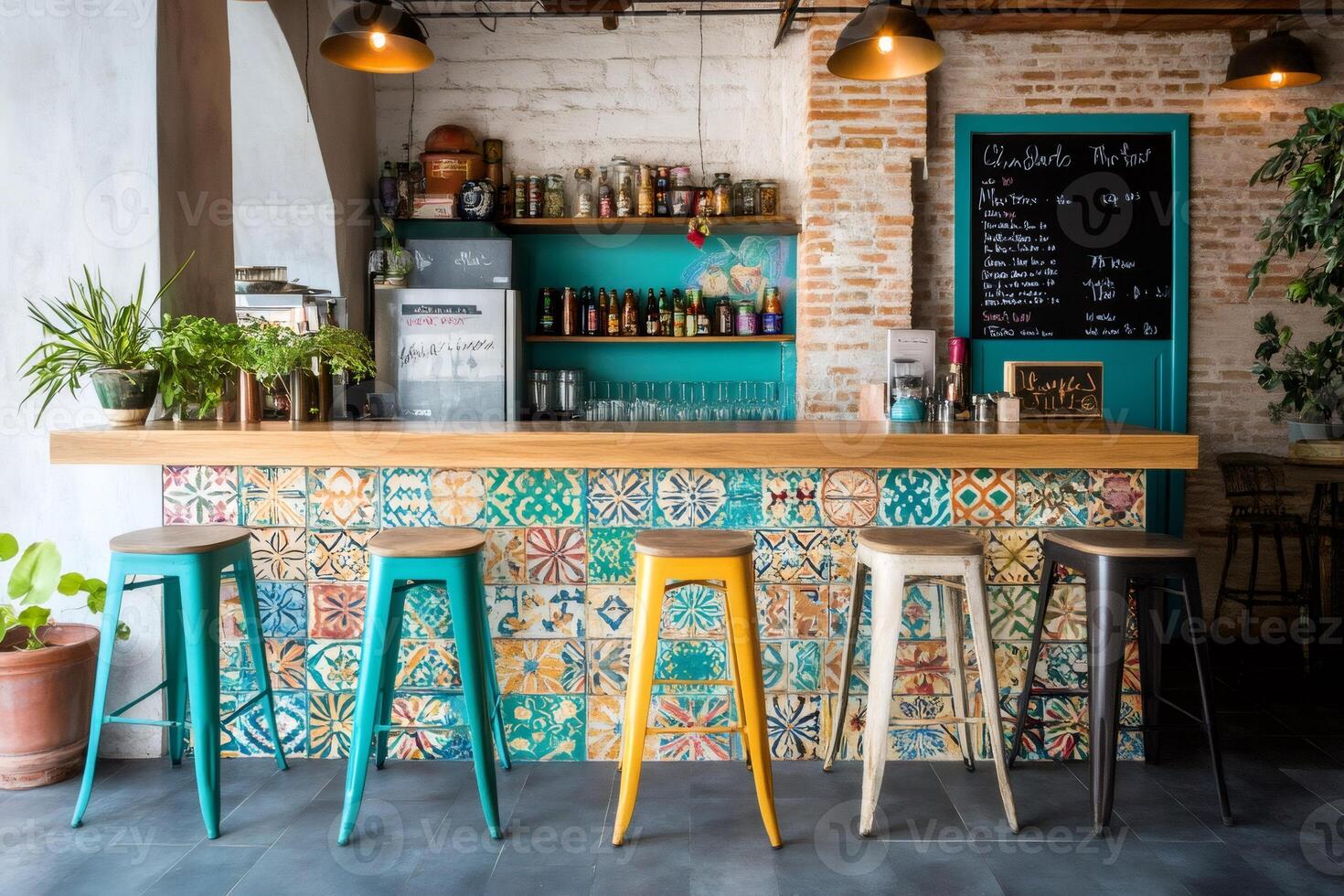 Colorful bar stools illuminating trendy cafe interior design photo