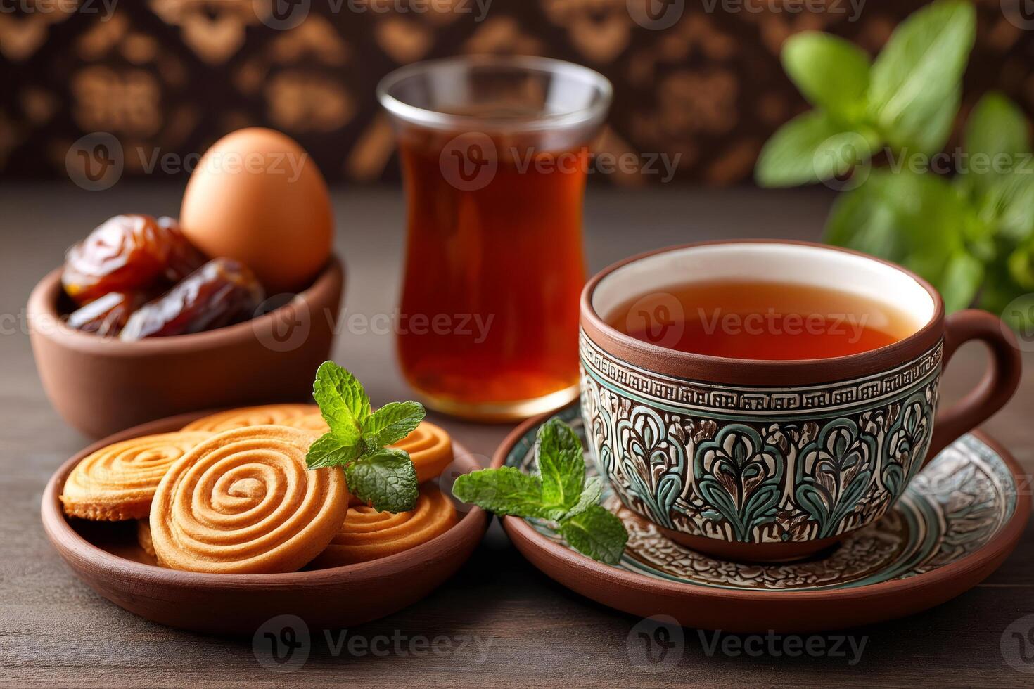 Traditional middle eastern tea time with dates, cookies, and mint photo