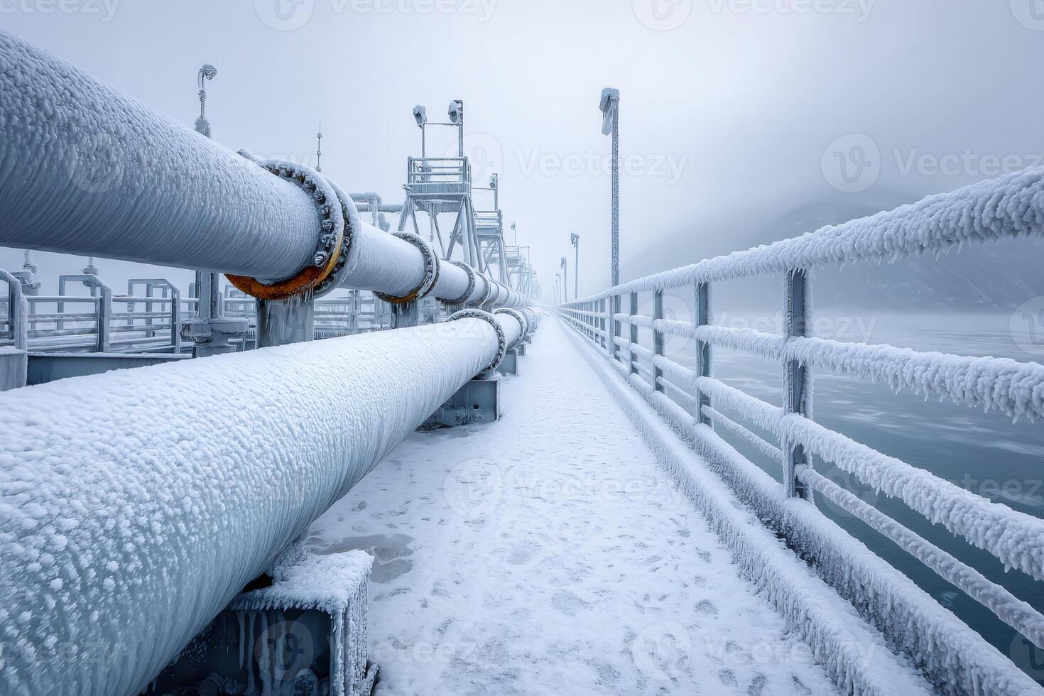 Frozen pipes stretching into foggy distance on snowy day photo