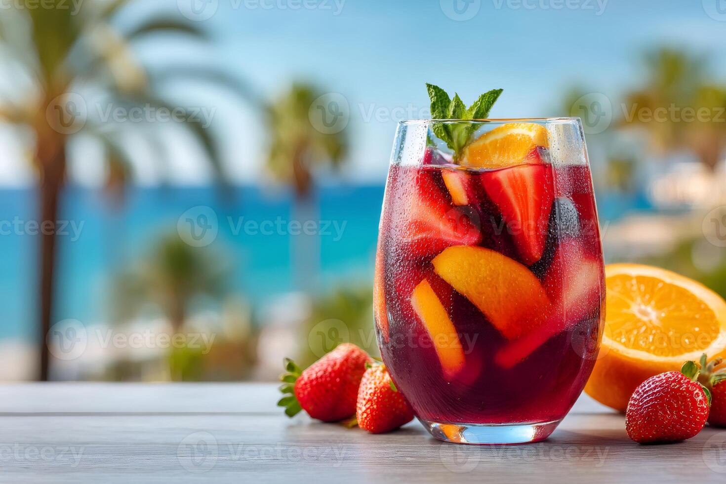Refreshing sangria with fresh fruit enjoying tropical beach view photo
