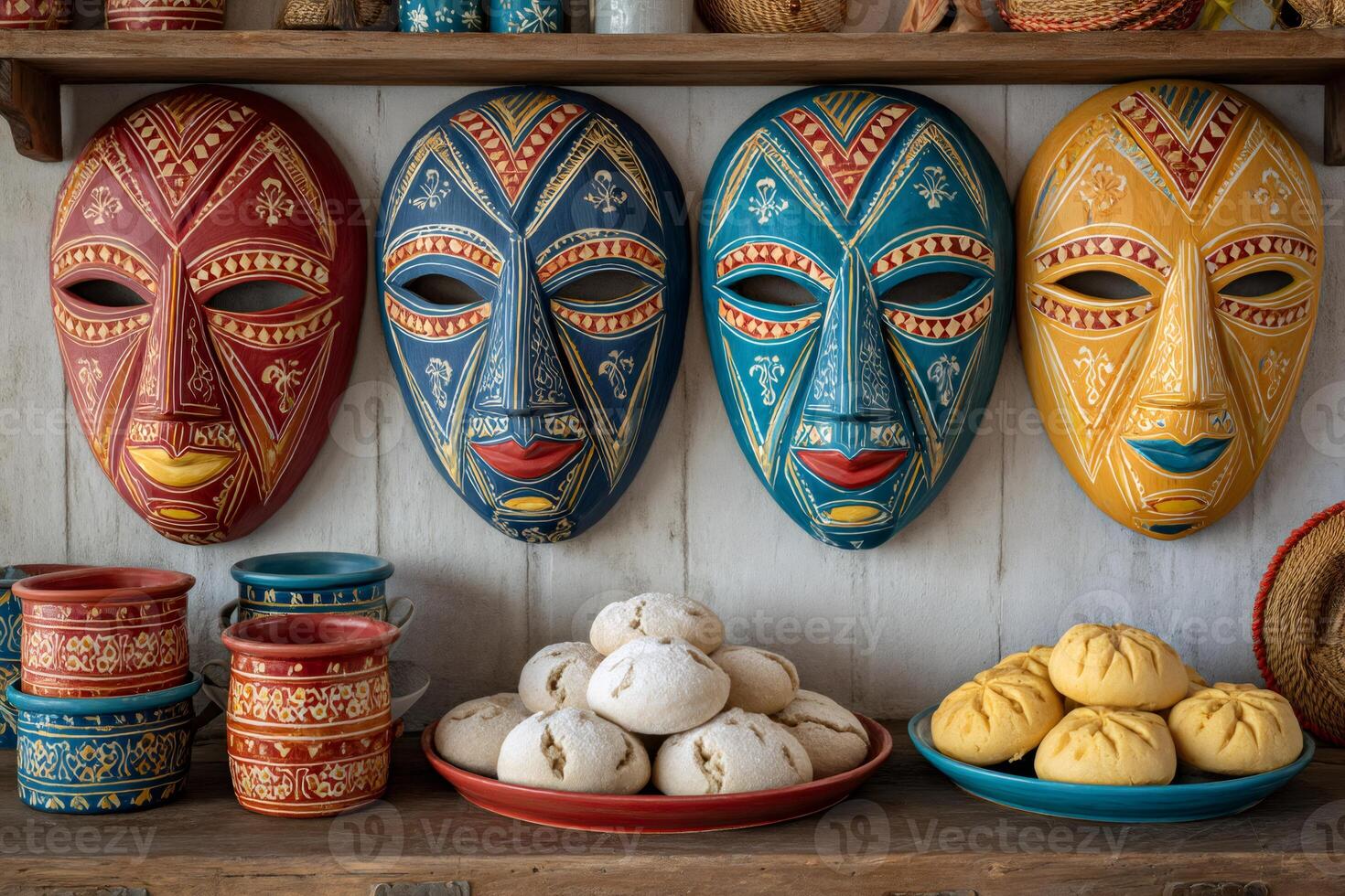 Colorful african masks hanging above traditional pottery and food photo