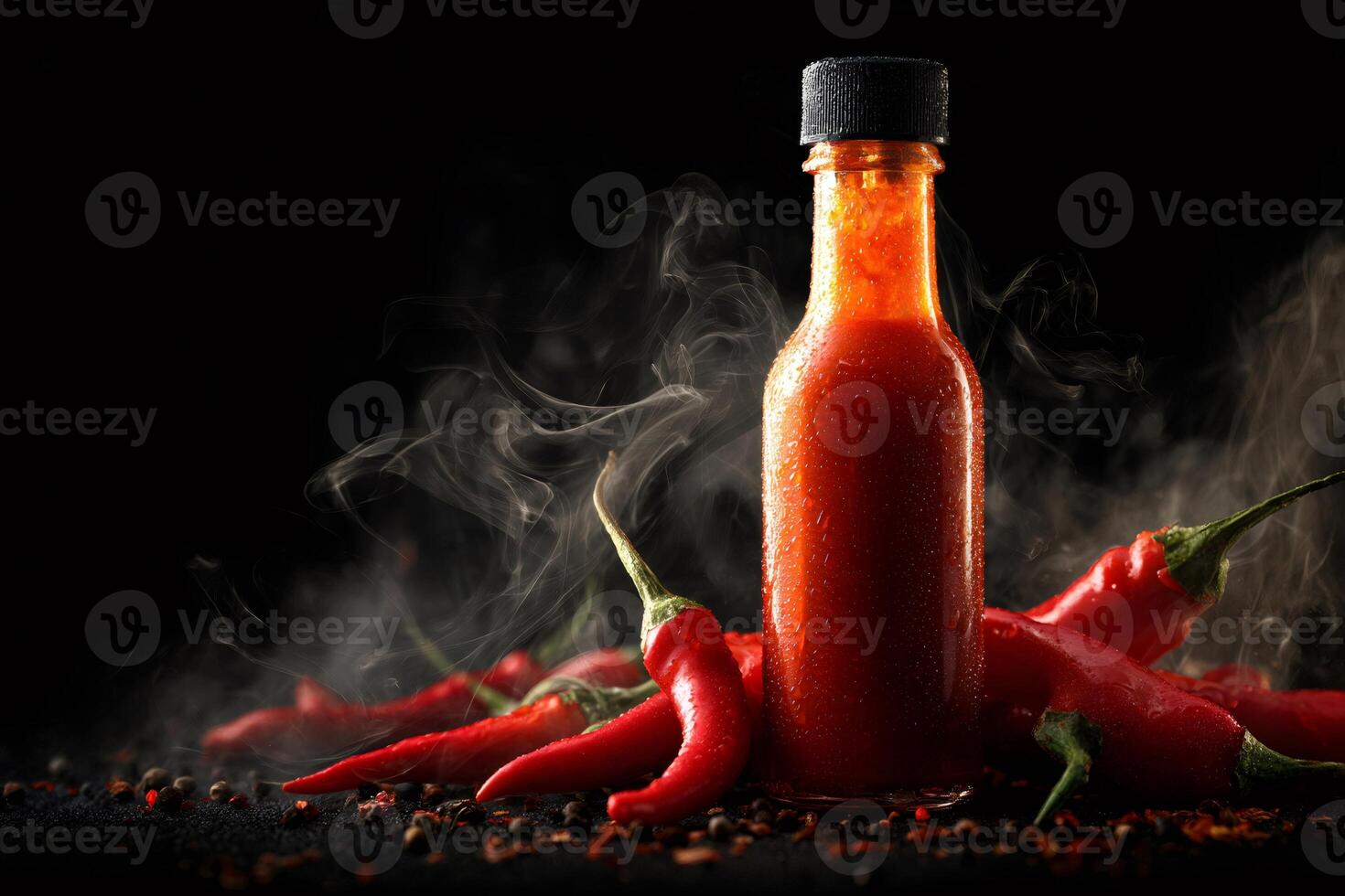 Steaming hot sauce bottle surrounded by fresh chili peppers on dark background photo