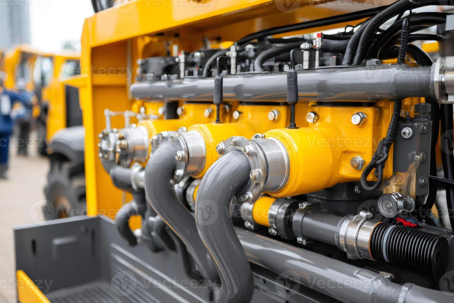 Close up of powerful yellow industrial machine engine demonstrating mechanical engineering photo