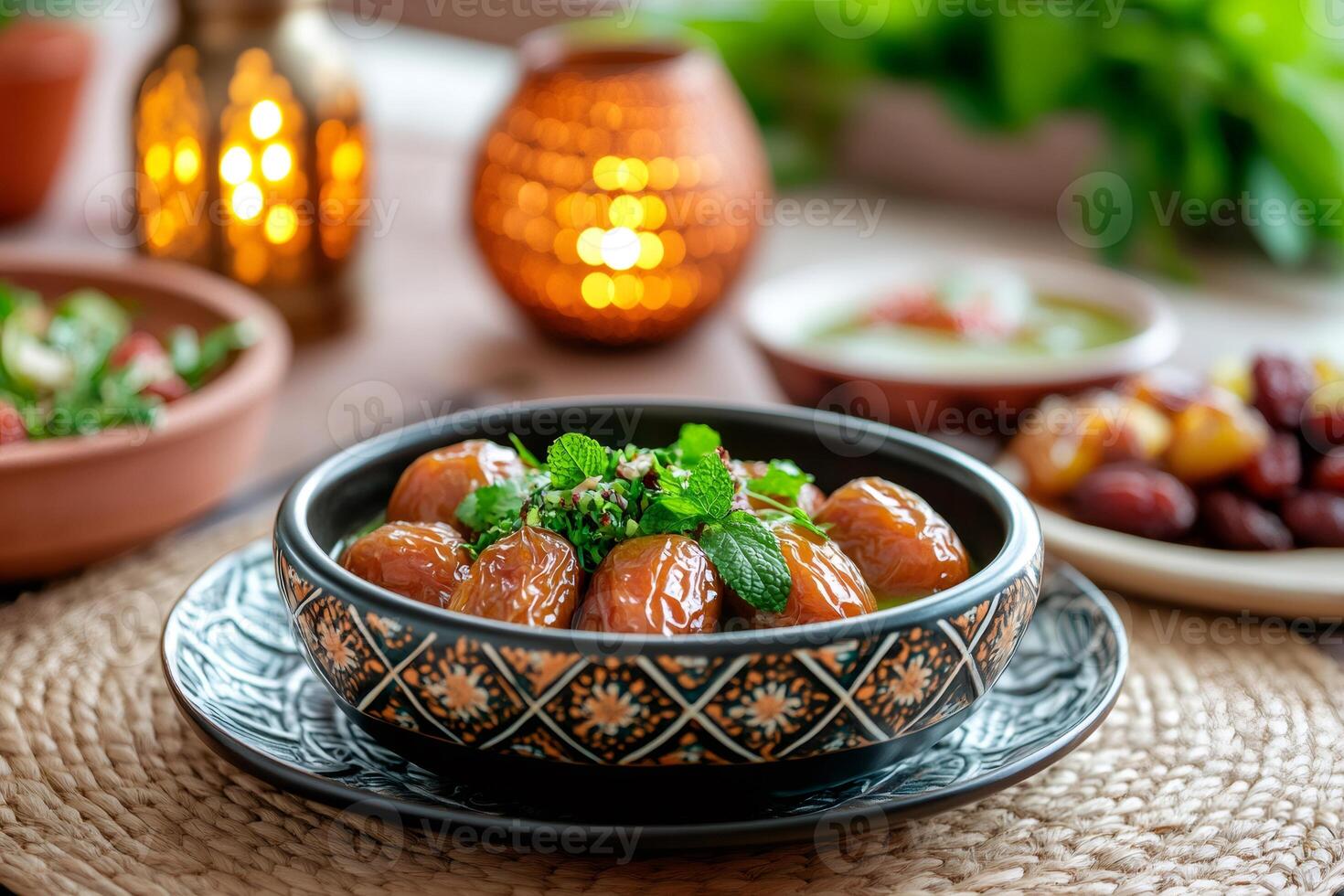 Fresh medjool dates garnished with mint and parsley for ramadan feast photo