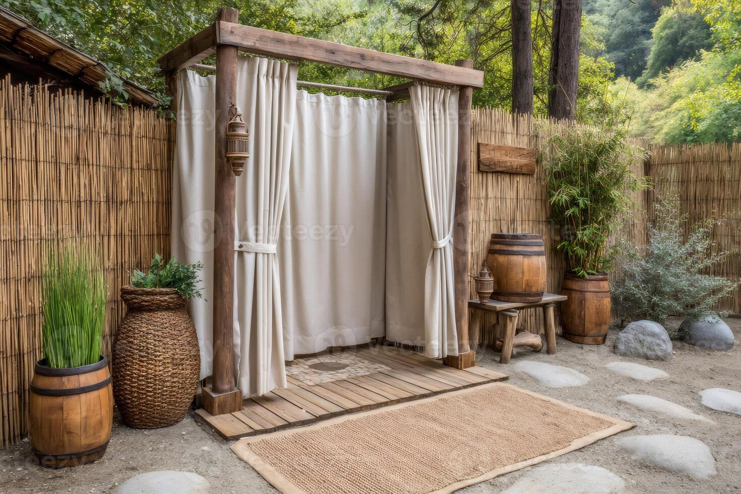 Outdoor shower with curtains providing privacy in a relaxing setting photo