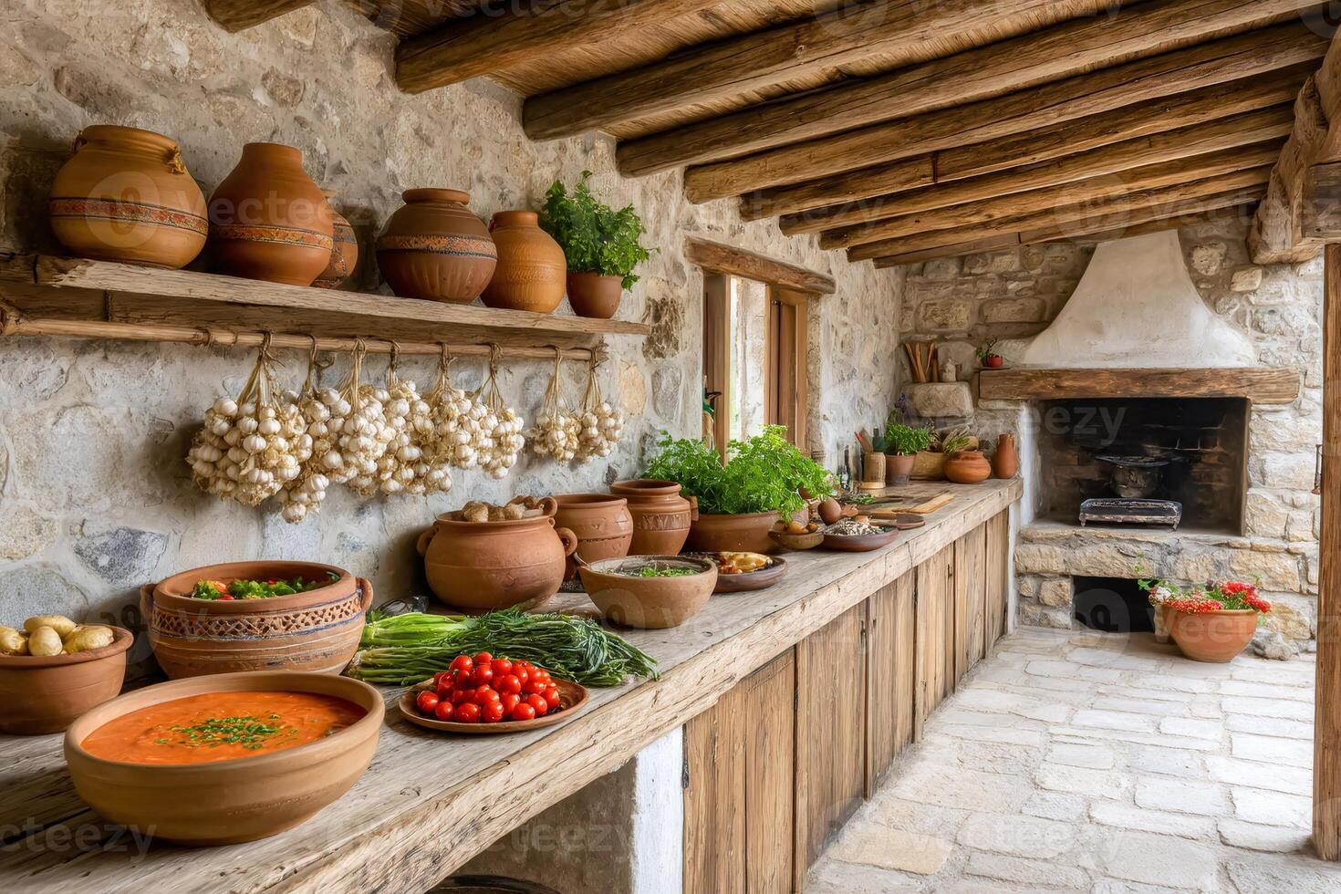 Rustic kitchen showing traditional cooking with fresh ingredients and clay pots photo