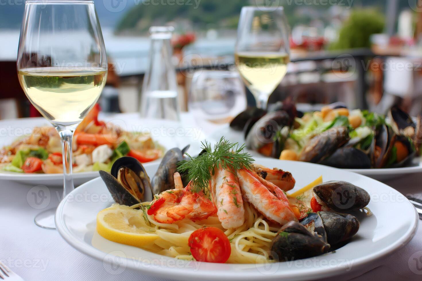 Delicious seafood pasta dish with white wine on a restaurant table photo