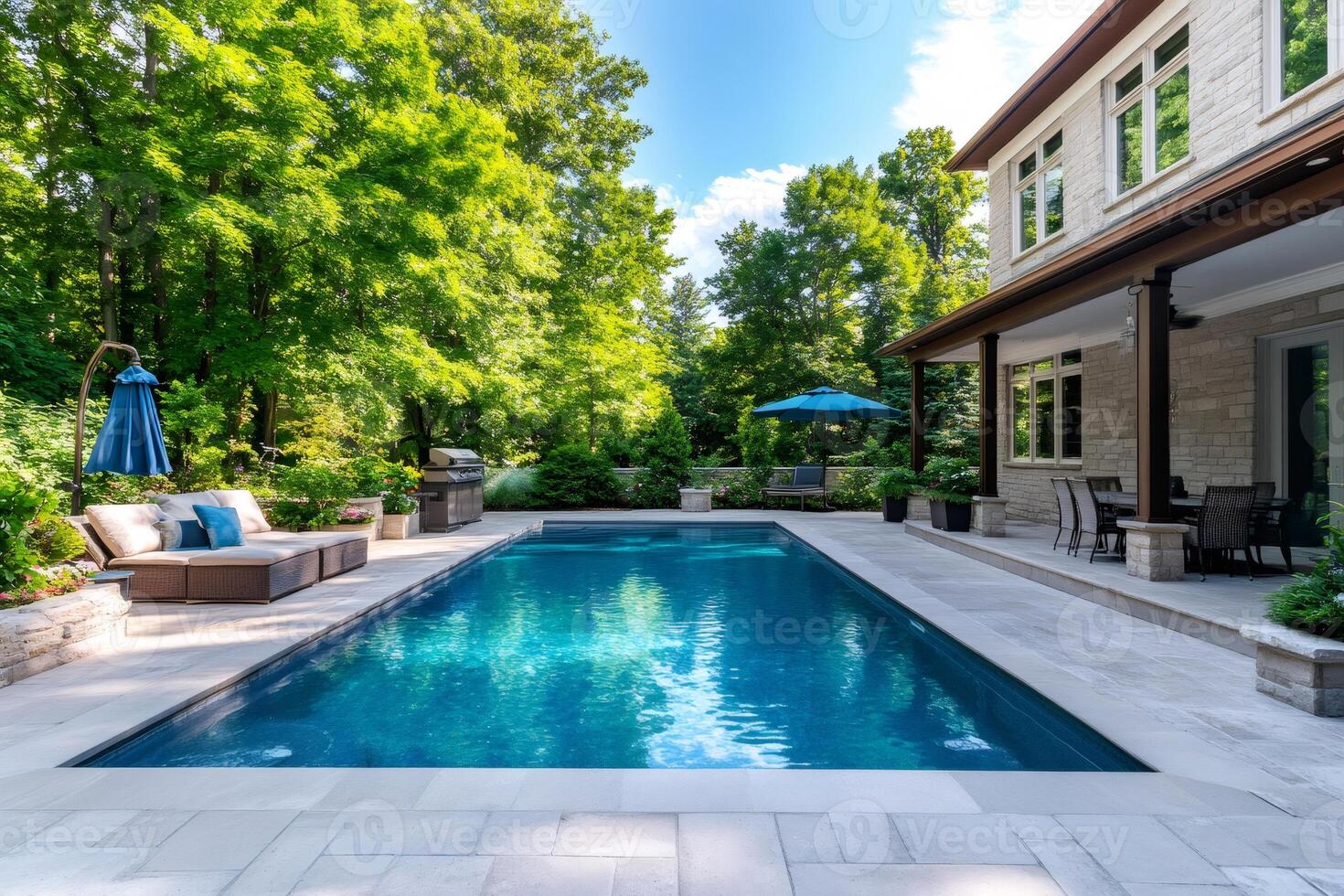 Inviting backyard swimming pool with patio furniture surrounded by lush greenery photo