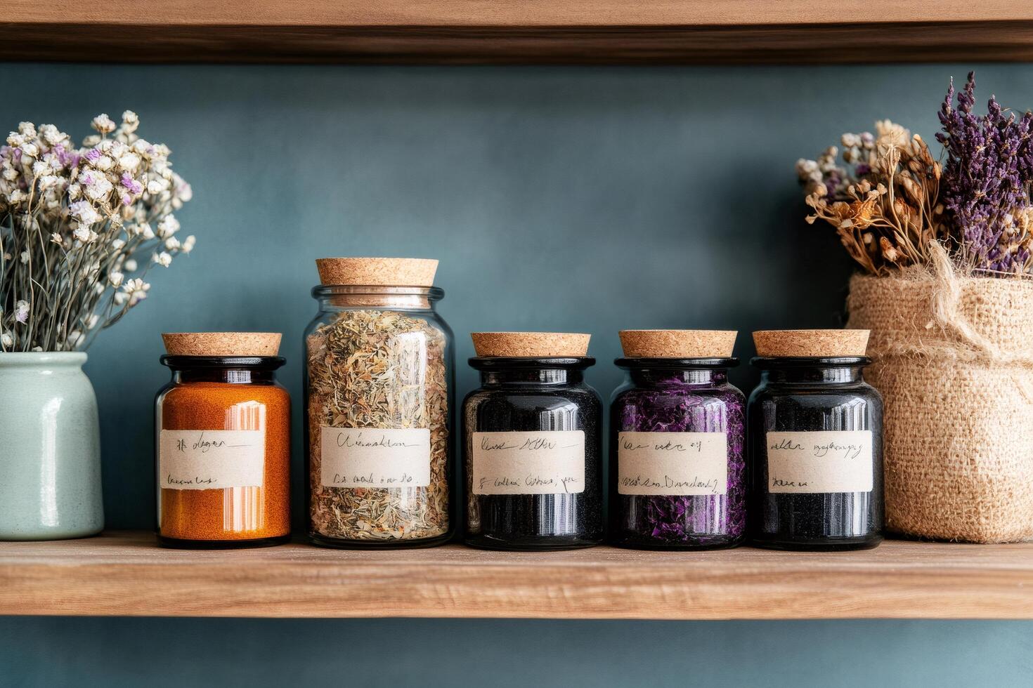Apothecary displaying dried herbs and spices in glass jars on wooden shelf. . photo