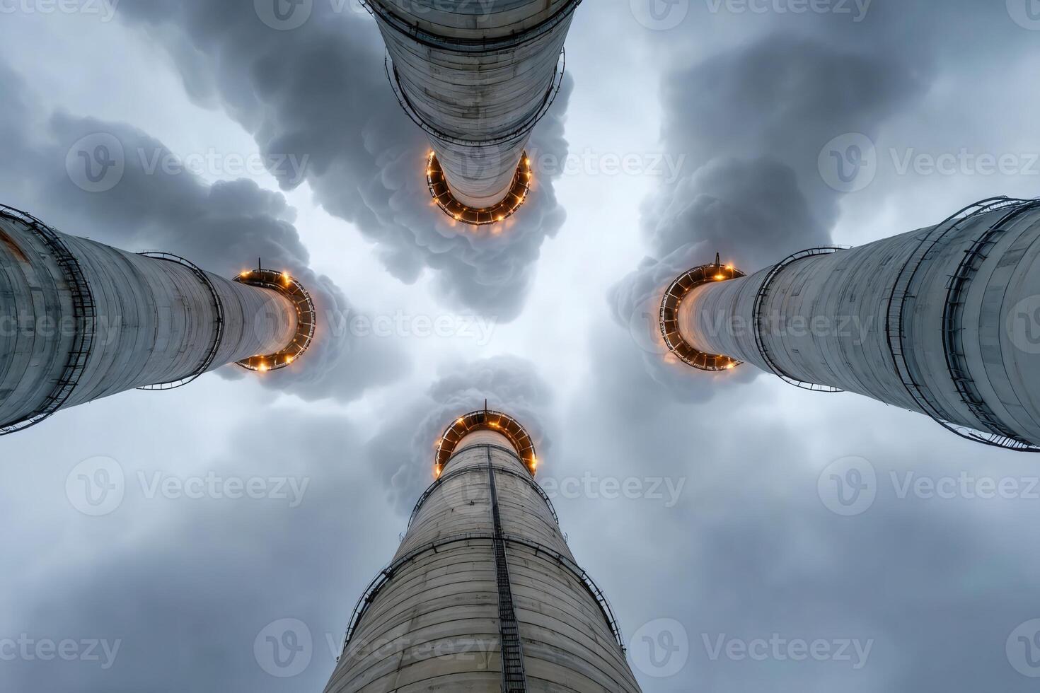 Four chimneys releasing smoke into cloudy sky photo