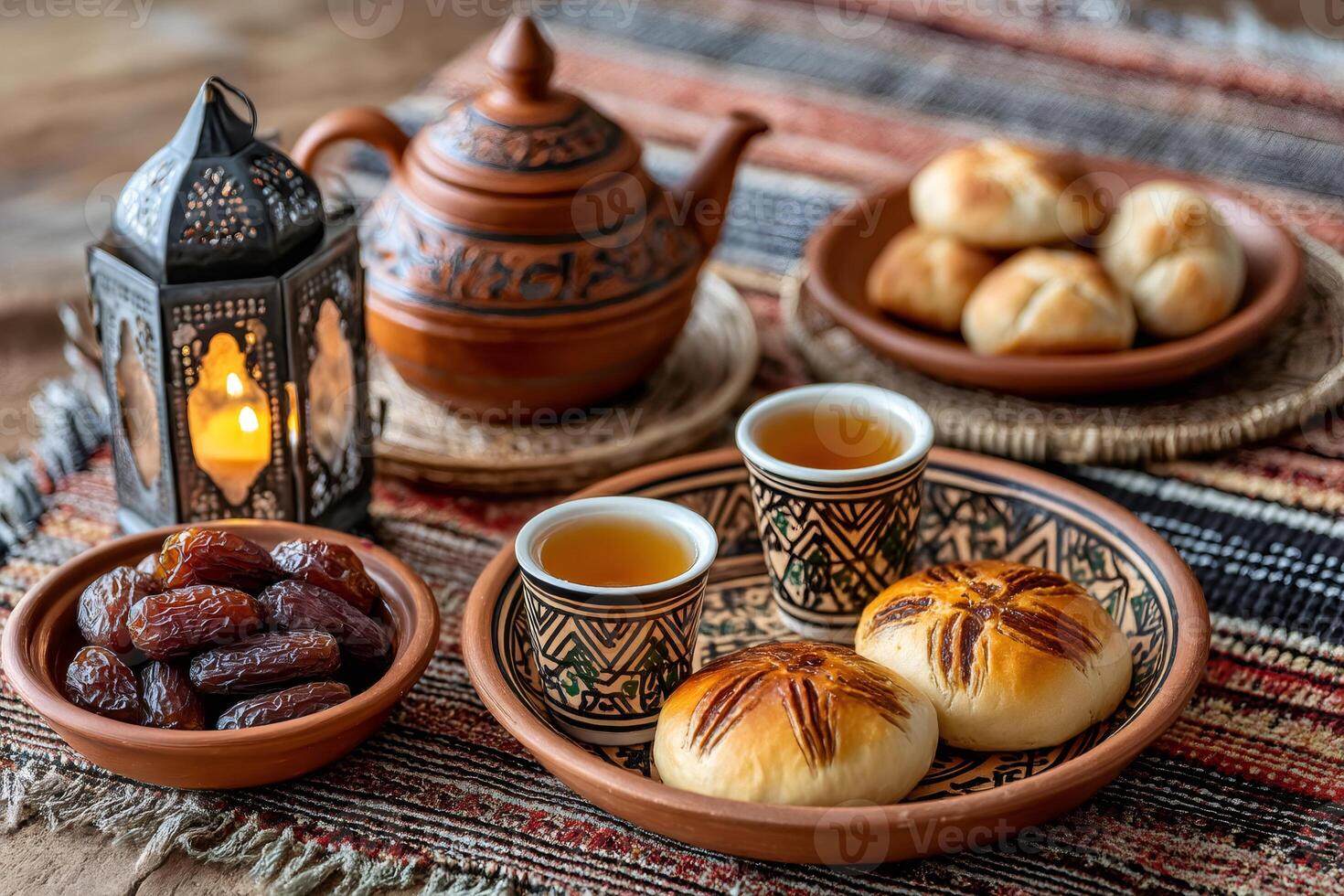 Traditional moroccan tea, dates, and pastries celebrating ramadan festivities photo
