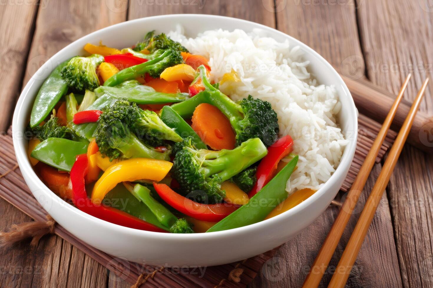 Wok vegetables with rice and chopsticks on rustic wooden table photo