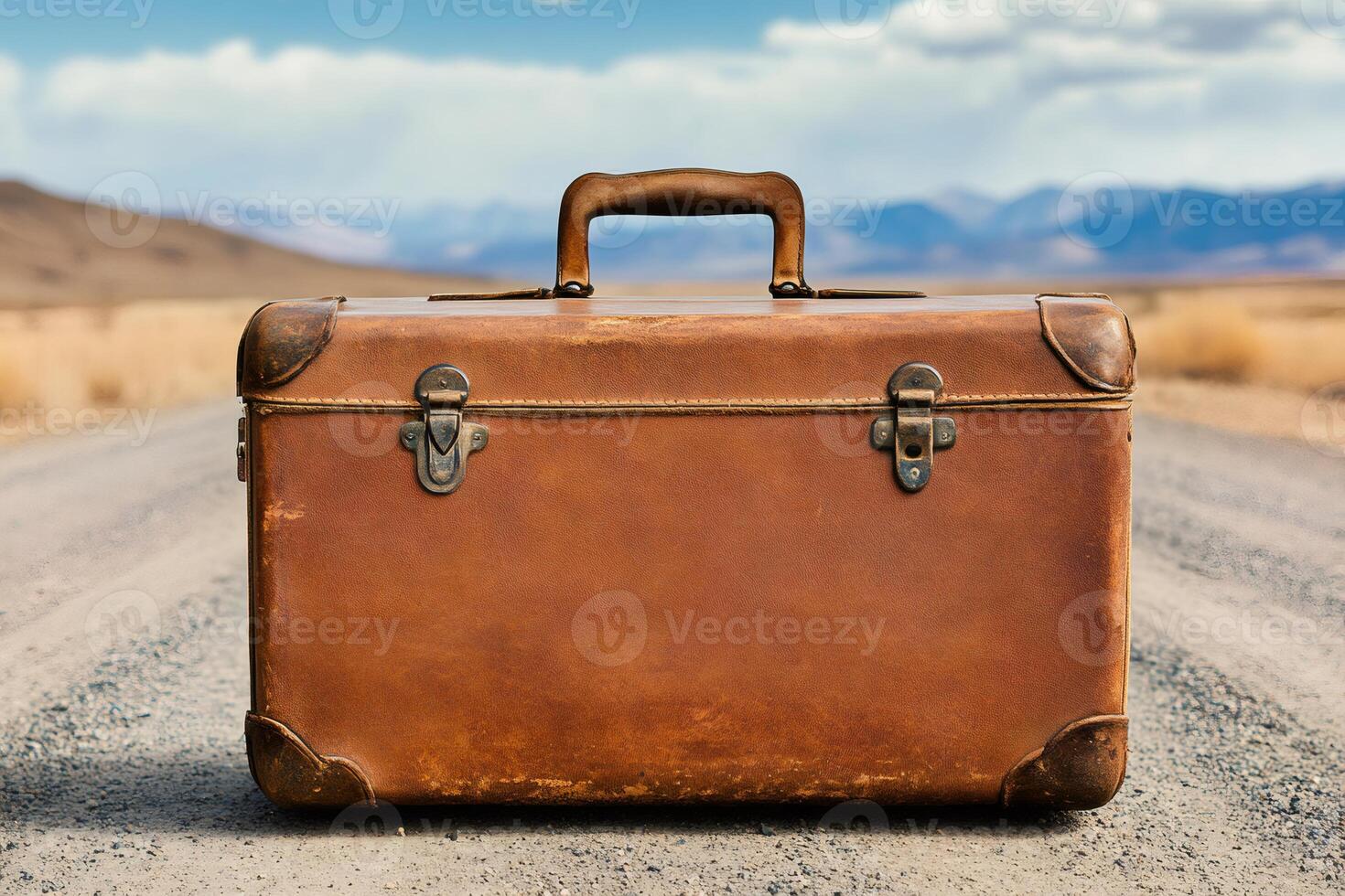 Old brown suitcase standing on a desert road is waiting for the journey to start photo