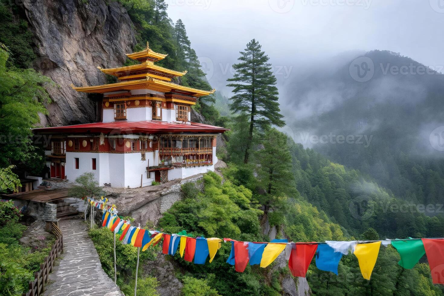 Colorful prayer flags leading to a buddhist temple in the himalayas mountains photo