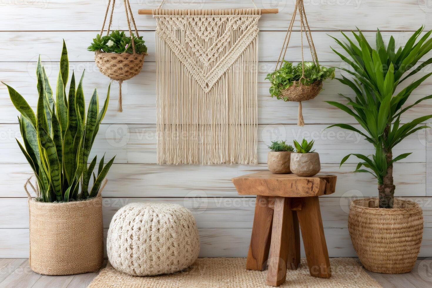 Stylish macrame wall hanging and houseplants creating cozy atmosphere in living room photo