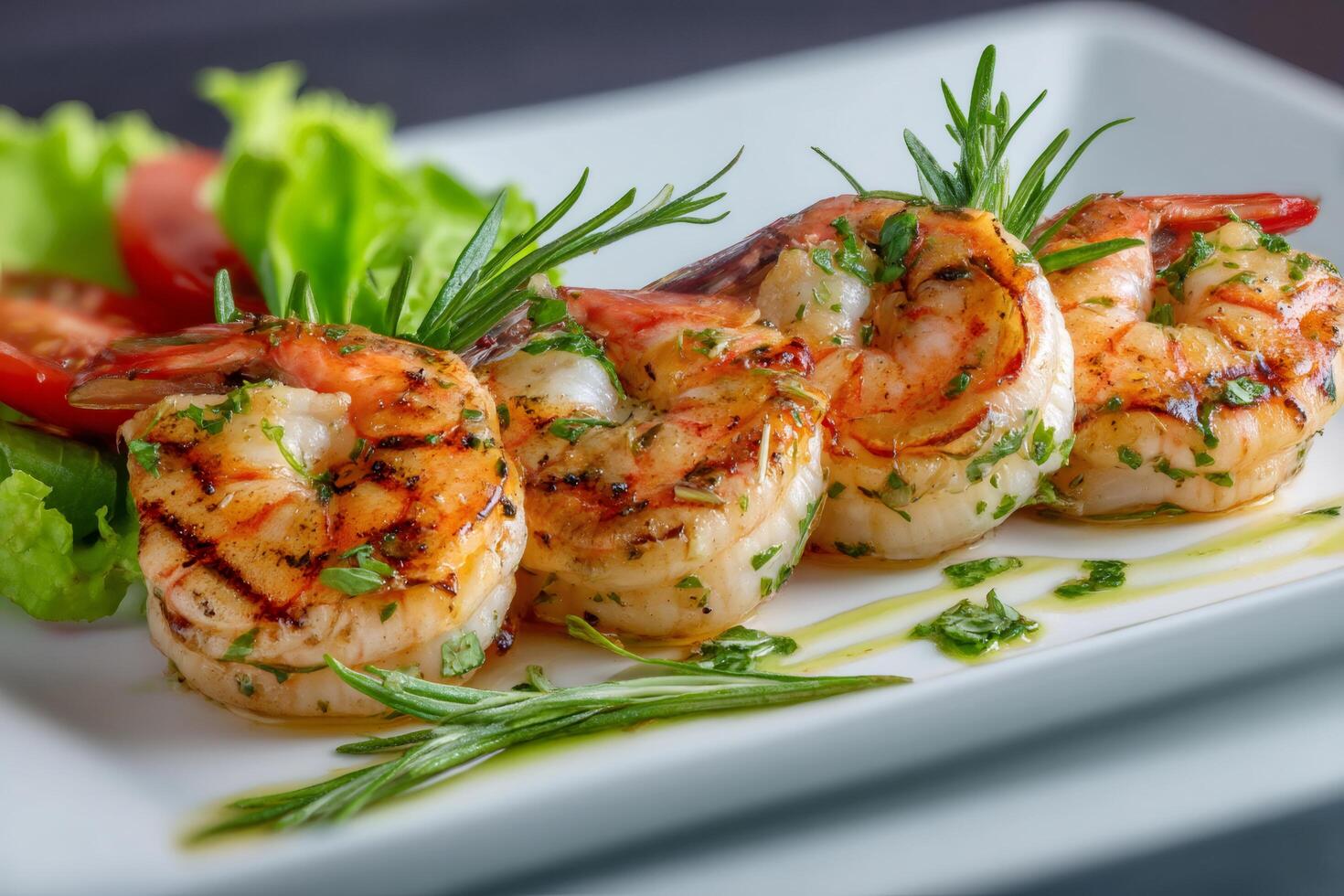 Grilled shrimps with rosemary and parsley lying on white plate. . photo