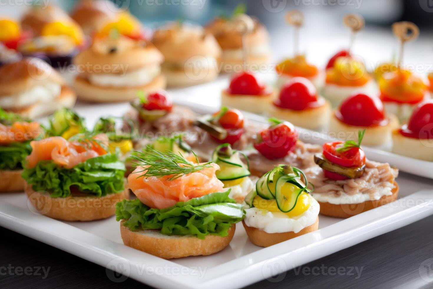 Delicious canapes on white plate, catering service preparing food for party or event photo
