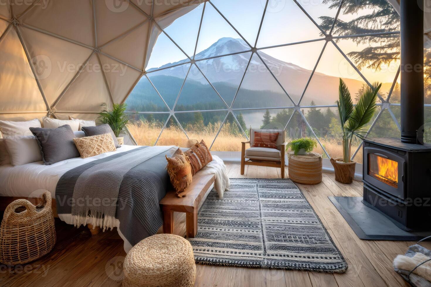 Cozy geodesic dome bedroom overlooking scenic mountain and lake at sunrise photo