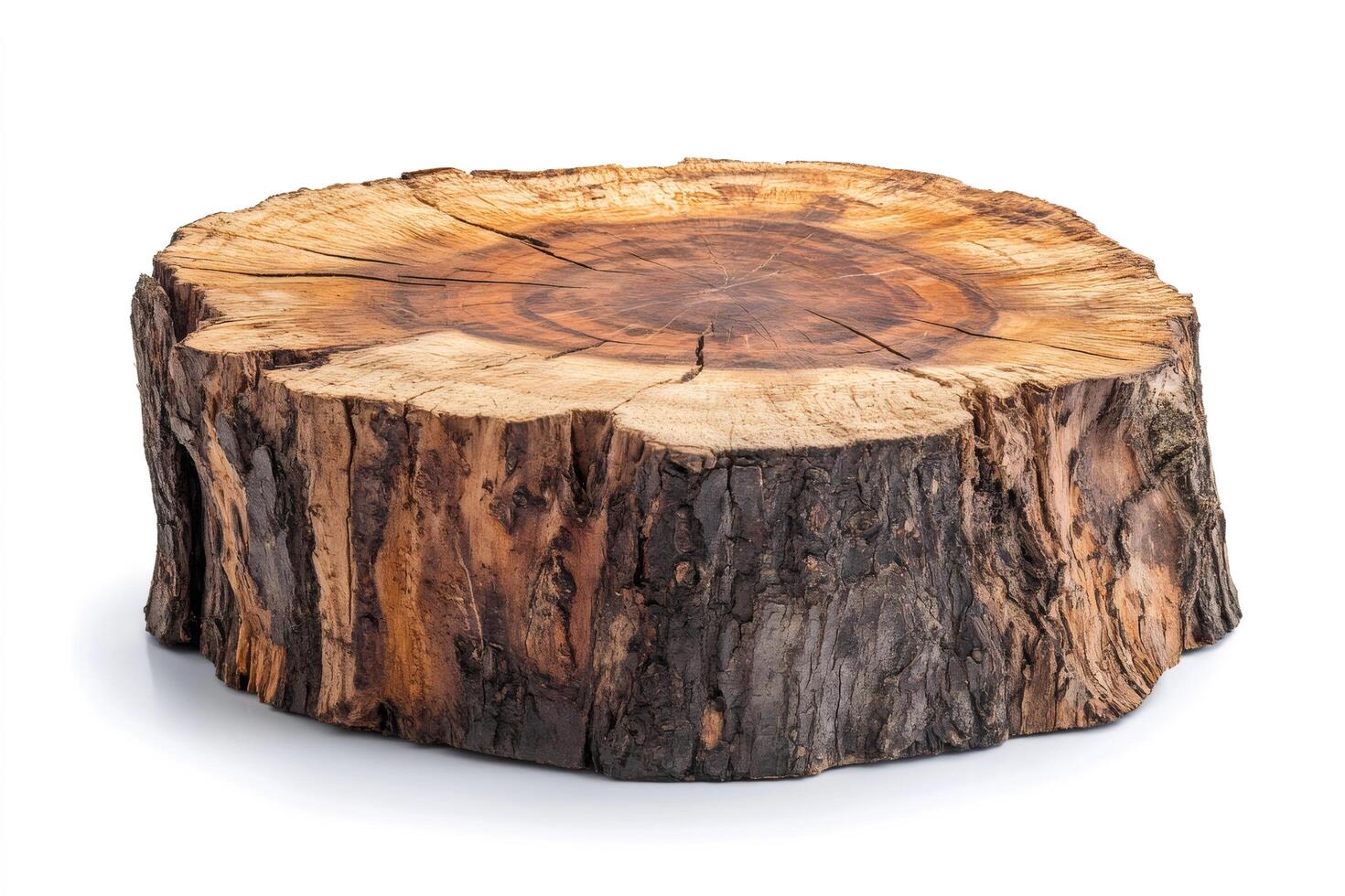 Cross section of tree trunk showing growth rings on white background.. photo