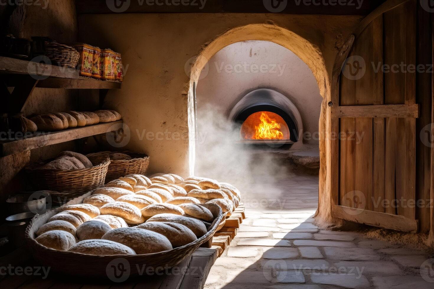 Freshly baked bread cooling near traditional clay oven in bakery photo