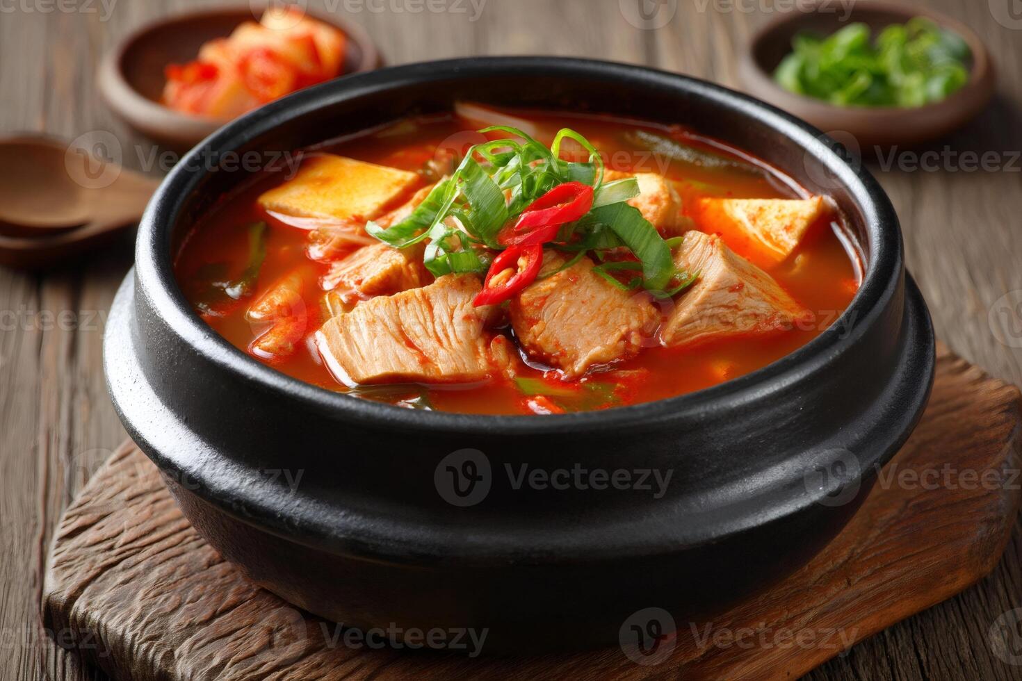 Korean kimchi jjigae soup with tofu and chicken in black stone bowl photo