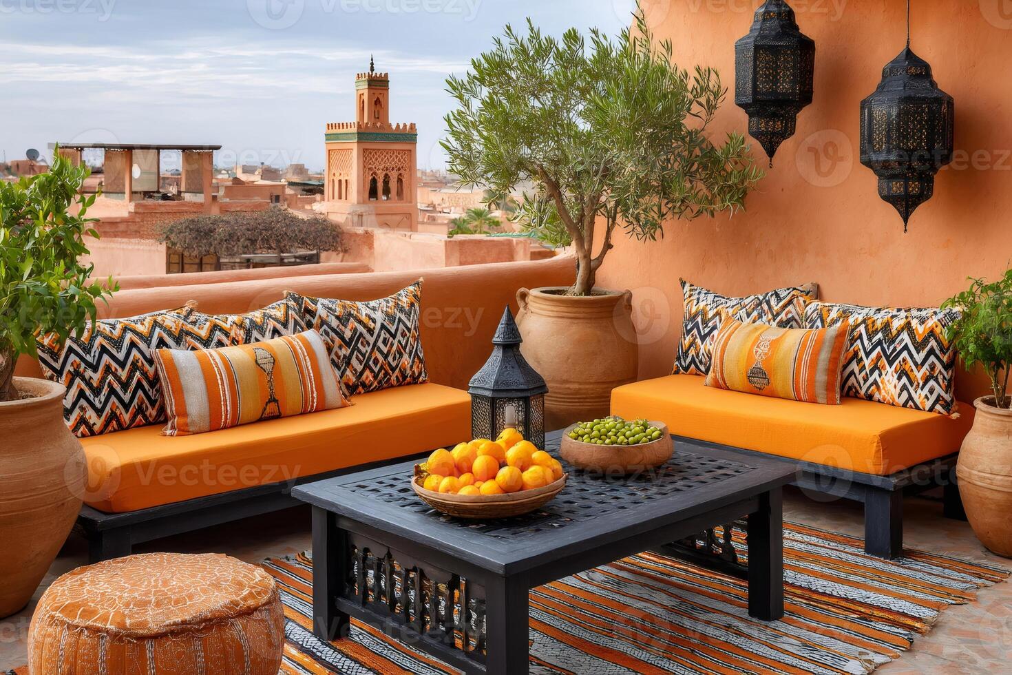 Rooftop terrace offering breathtaking views of marrakech medina and koutoubia mosque photo