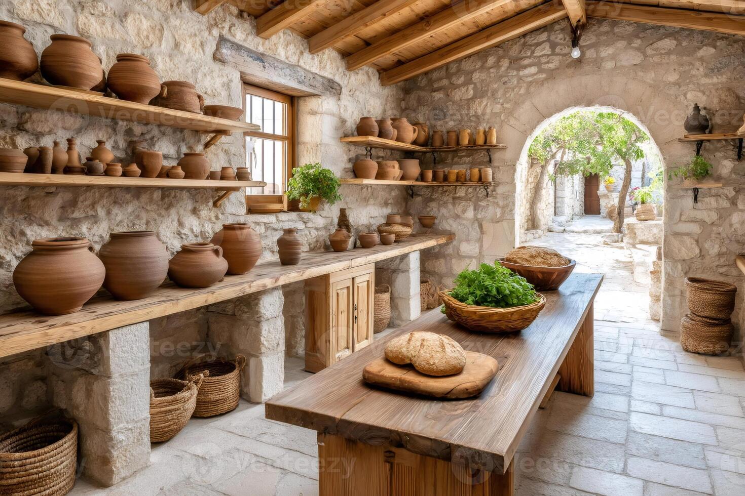 Old traditional rustic kitchen showing pottery and food displayed on wooden table photo