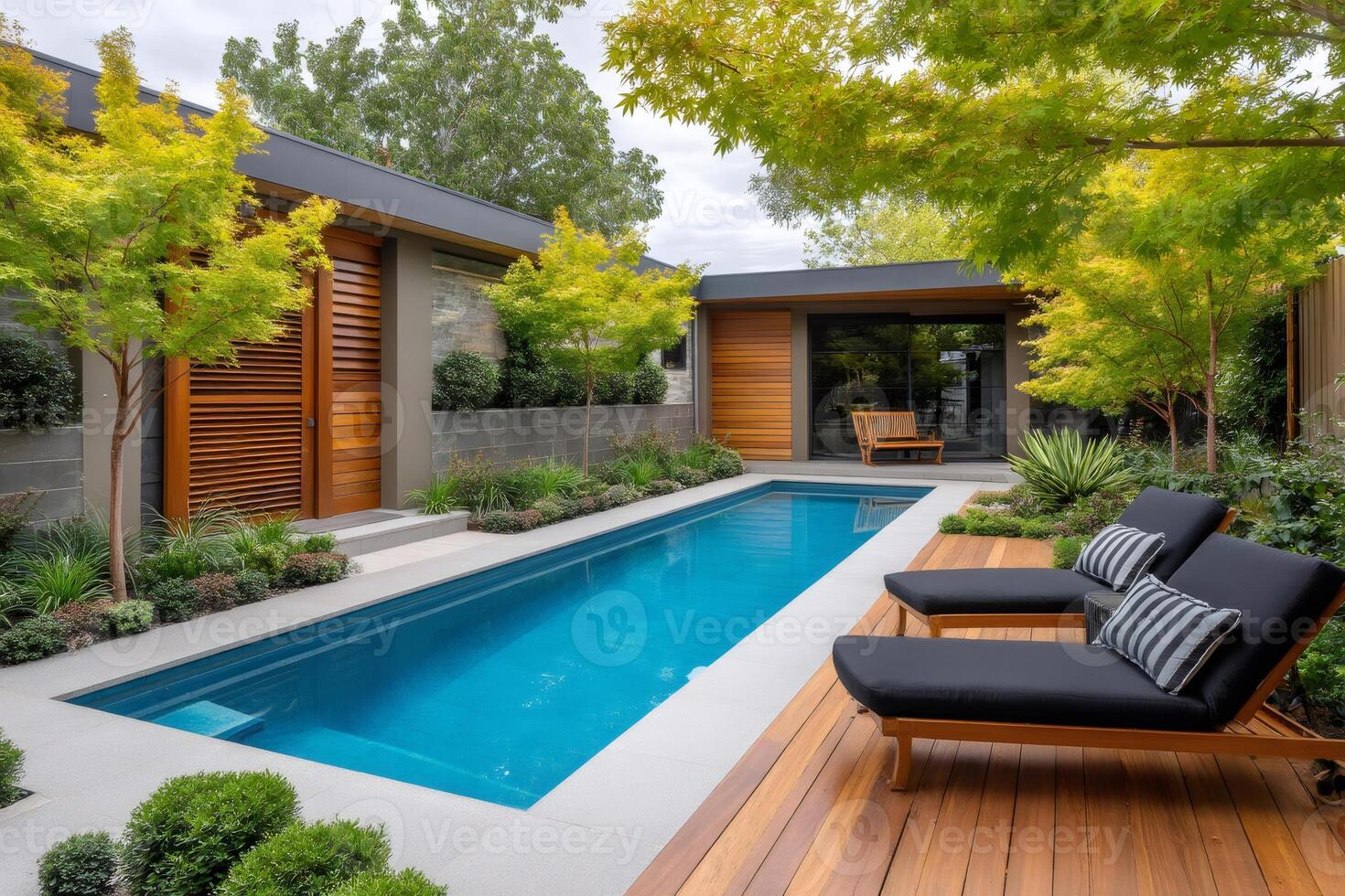 Modern backyard with lap pool, lounge chairs, and lush landscaping photo