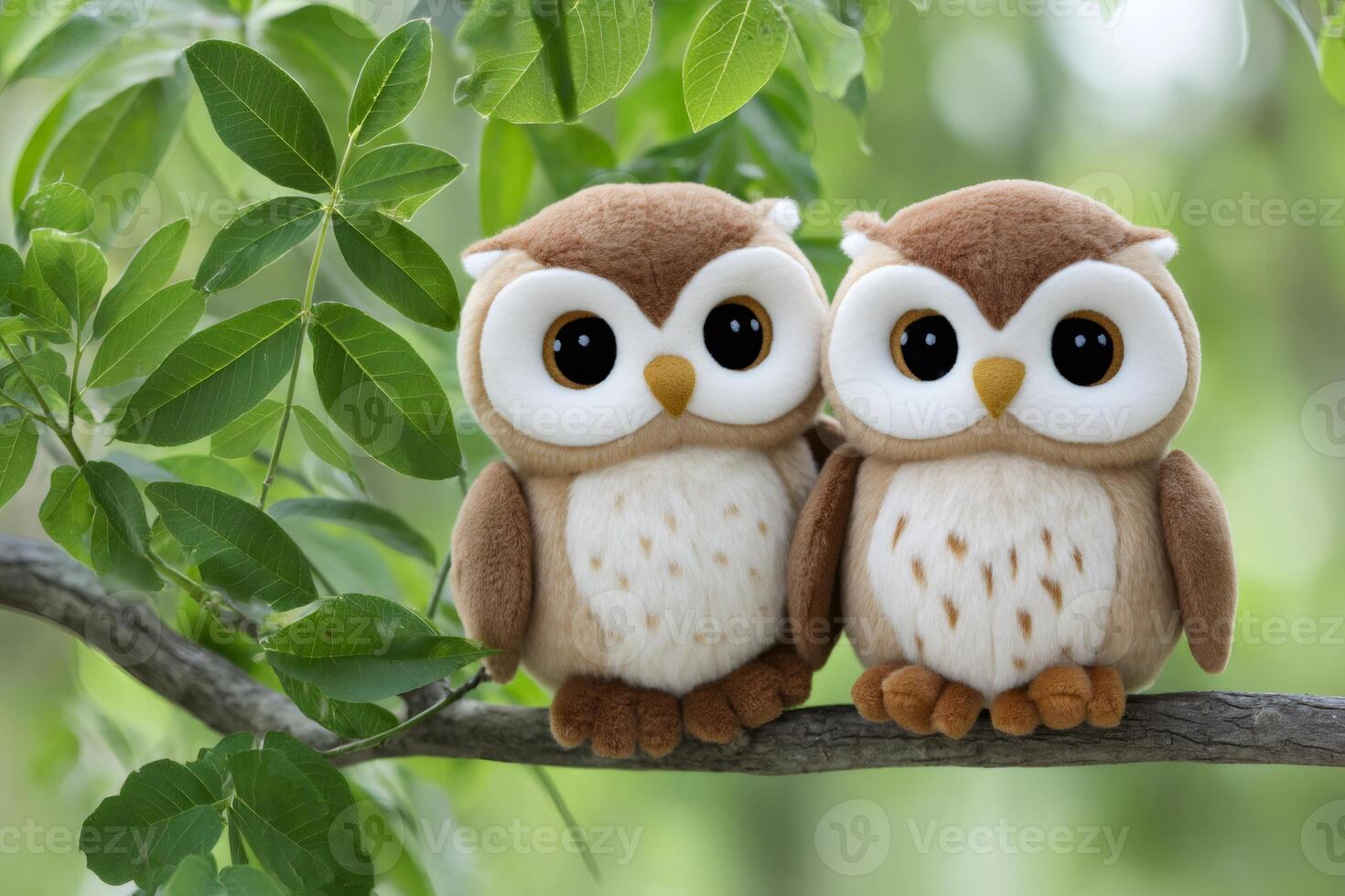 Two adorable plush owls perched on a tree branch.. photo
