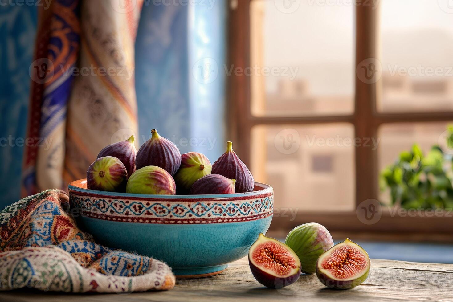 Fresh figs resting in a vibrant bowl by a sunlit window in a cozy home photo