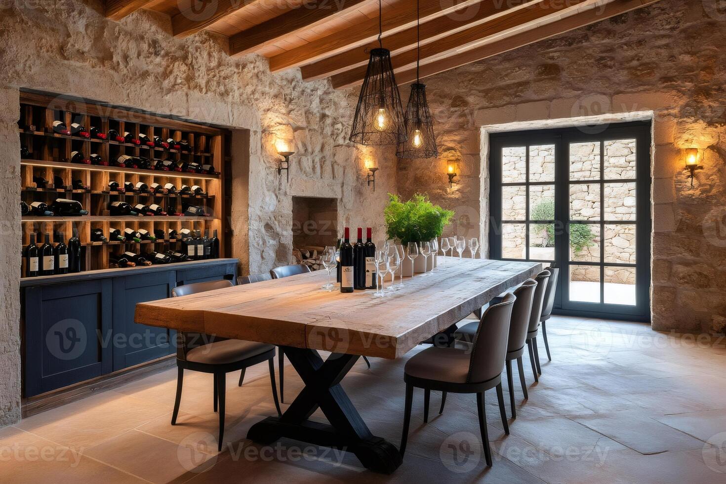 Wine cellar with tasting table and wine bottles displayed on shelves photo